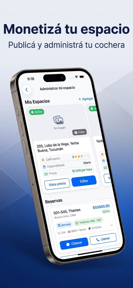 Pantalla para administrar mi espacio en Parqeo